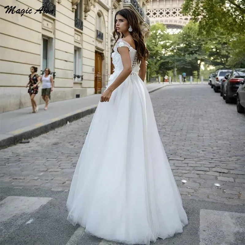 Mágica awn vestidos de casamento com pérolas, ombro vazado, florais 3d, boho, festa de casamento, rendas, costas nuas