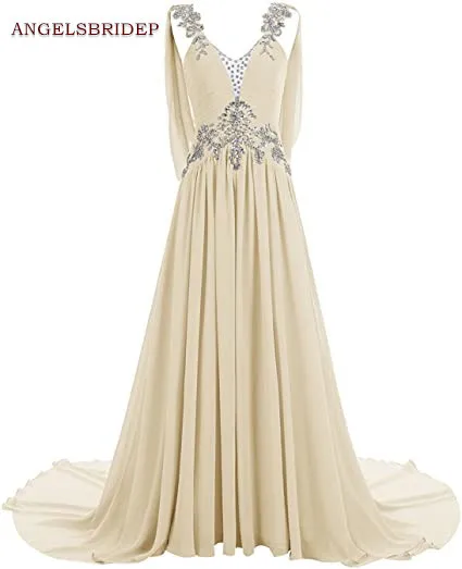 ANGELSBRIDEP Cap Shoulder Prom Dresses Vestidos de festa Chiffon Crystal Floor-Length Formal Evening Party Gowns Hot Sale