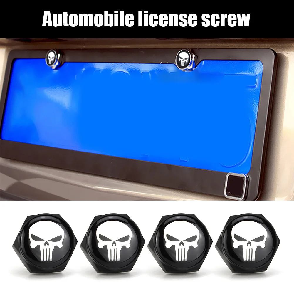 4 Pcs Universal Car License Plate Screw Caps Metal & Resin Skull License Plate Frame Bolts Screws Caps Car-Modified Original