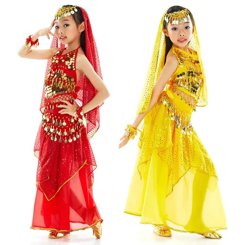 Children Belly Dancing Costume Kids Indian Dance Dress 5 Pcs Bollywood Dance Costumes for Girls Performance Dancing Sets