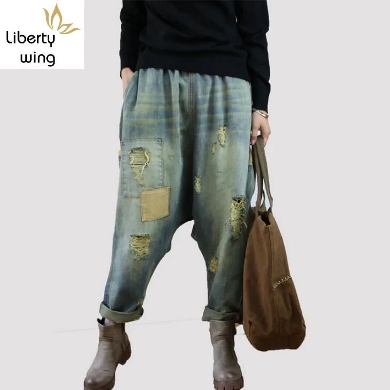 Femme Vintage Hip Hop Loose Fit Casual Baggy Jeans Blue Denim Cotton Cross-pants Hole Rip Wide Leg Harem Pants Women Trousers