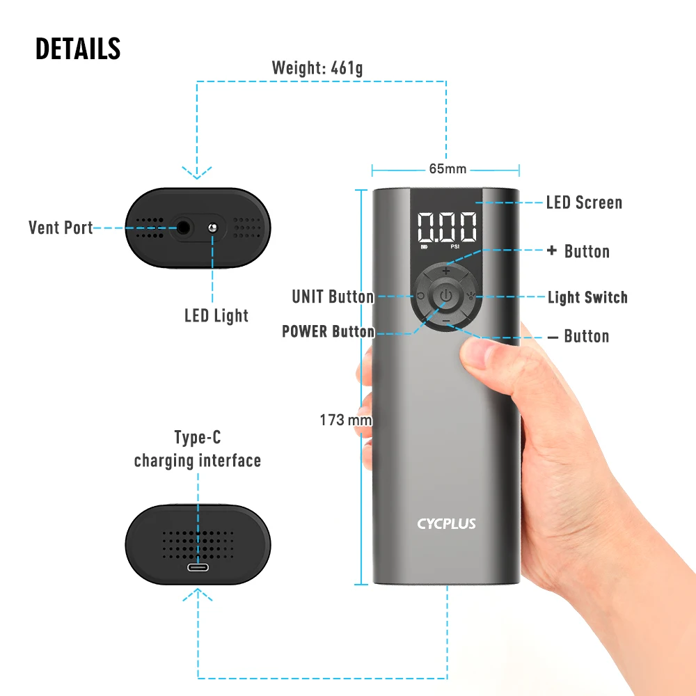 CYCPLUS A8 elektryczna pompa rowerowa inteligentna pompka przenośna Mini sprężarka powietrza 2600mAh akumulator typu c pompa portowa do samochodu