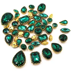 Wedding Decoration 50pcs/bag Mixed shape Peacock Green Diy Crystal Stone Gold Lace Claw Rhinestone Sew on Clothes/Shoe/Dress