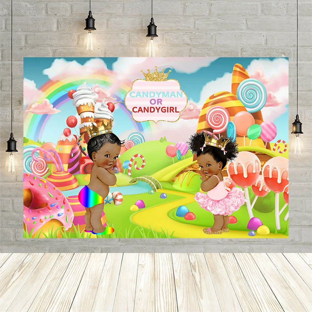 Avezano-Fondo de fotografía para niño o niña, telón de fondo con diseño de Piruleta de arcoíris y tierra de caramelo, para fiesta de revelación de género, decoración de fondo fotográfico