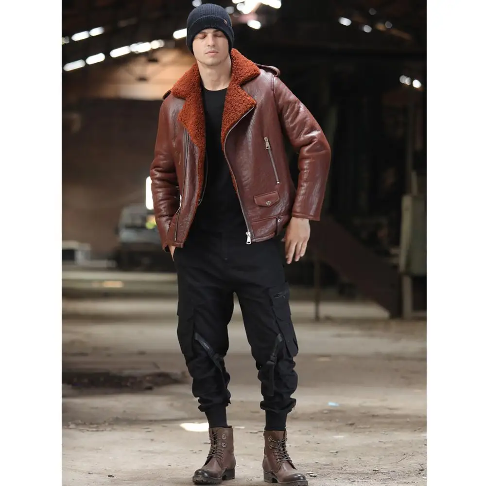 2019 New Mens Brown B3 Shearling Jacket Short Leather Jacket Mens Winter Coats Sheepskin Coat Fur Jacket