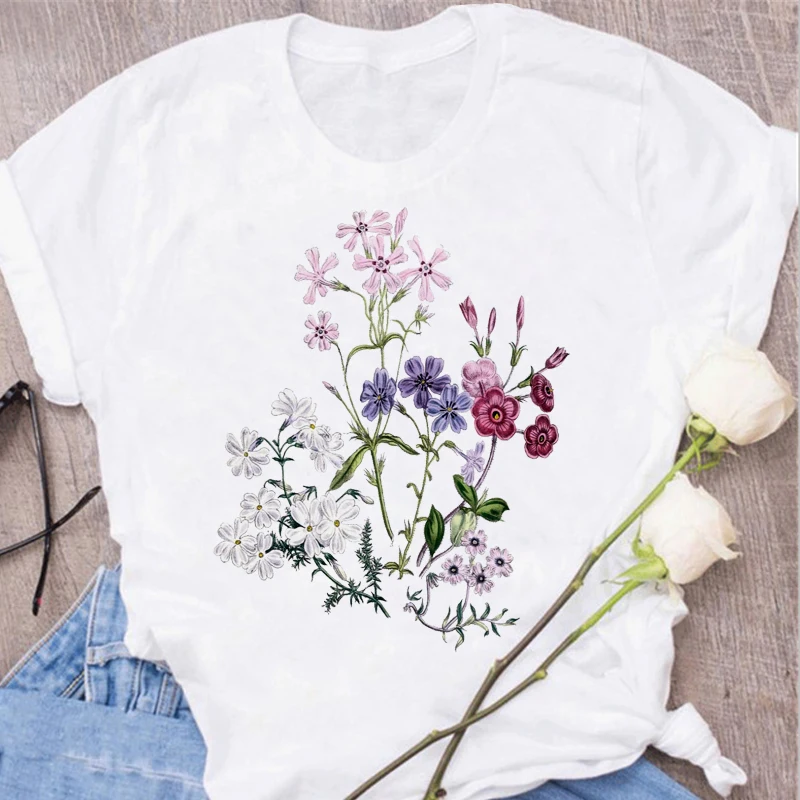 Women\'s Tops Fashion Flower Floral Print Lady T-shirt Casual Short Sleeve Aesthetic Clothes Shirt T-shirts Female Tops Tees