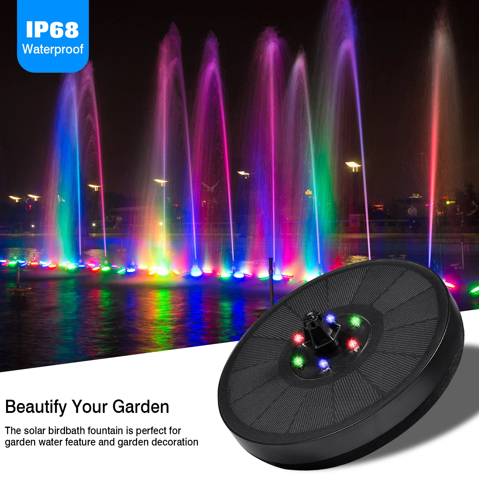 7V 3W Solar Fountain IP68 Waterproof Pools Fountains Colorful LED Lights Swimming Pump Panel Solar Powered Fountains Dropship