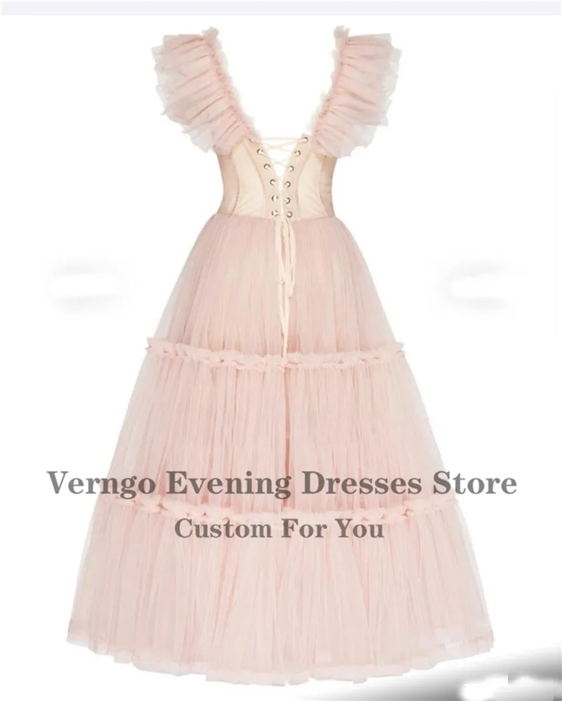 Verngo-vestido elegante de tul con hombros descubiertos, vestido de fiesta de línea A, ajustado, corsé de deshuesado, largo hasta el té, vestido de fiesta de regreso A casa, rosa rubor