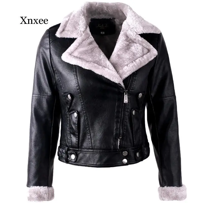 

Herfst Winter Lederen Jas Vrouwen Faux Fur Jas Dames Slanke Korte Motorfiets Biker Jacket Basic Warm Pluche Bovenkle