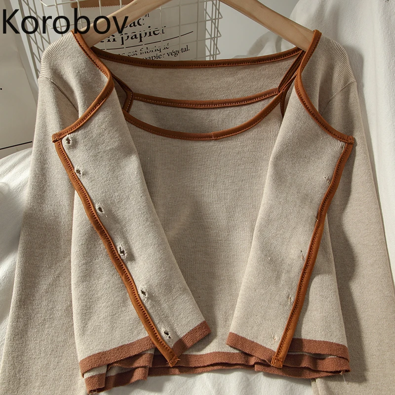 Korobov 2020 New Arrival Cardigans and Tank Top 2 Pieces Sets Korean O Neck Single Breasted 2 Outfits Sweet Female Suits