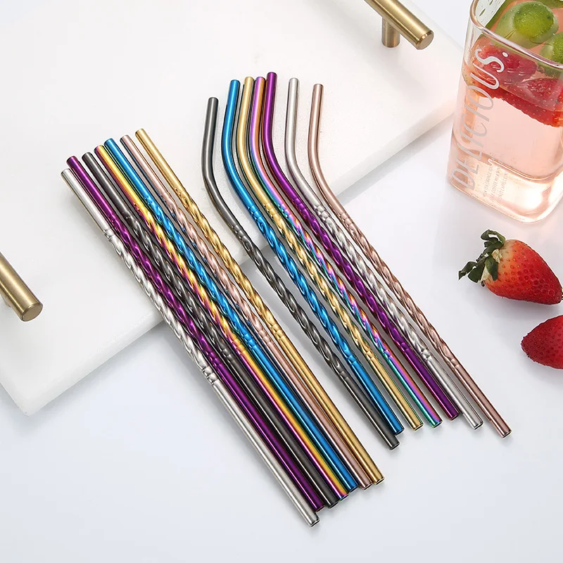 

200Pcs Straight Bent Long Twisted Drink Straw Portable Reusable Colored Stainless Steel Straws Cocktail Coffee Stirring Straw