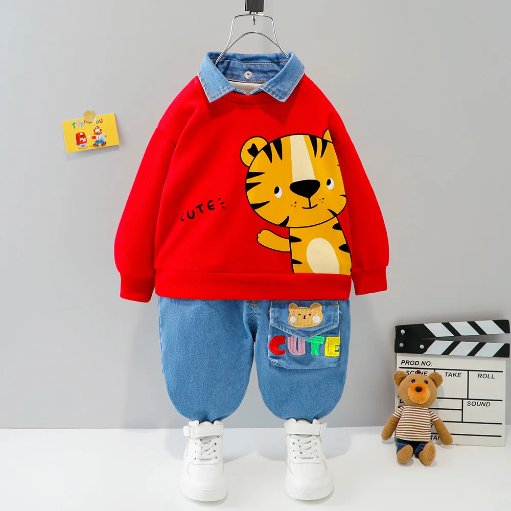 Baby Boys Clothes Set Newborn Infant Autumn Suit Cartoon Bear Sweatshirt Tops Jeans 2Pcs Outfits for Toddler Kids Sport Clothing