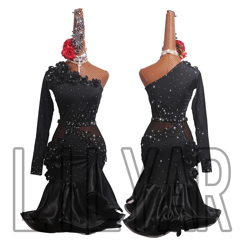 New Latin dance dress competition dress dress performance dress adult custom black rose oblique shoulder dance dress