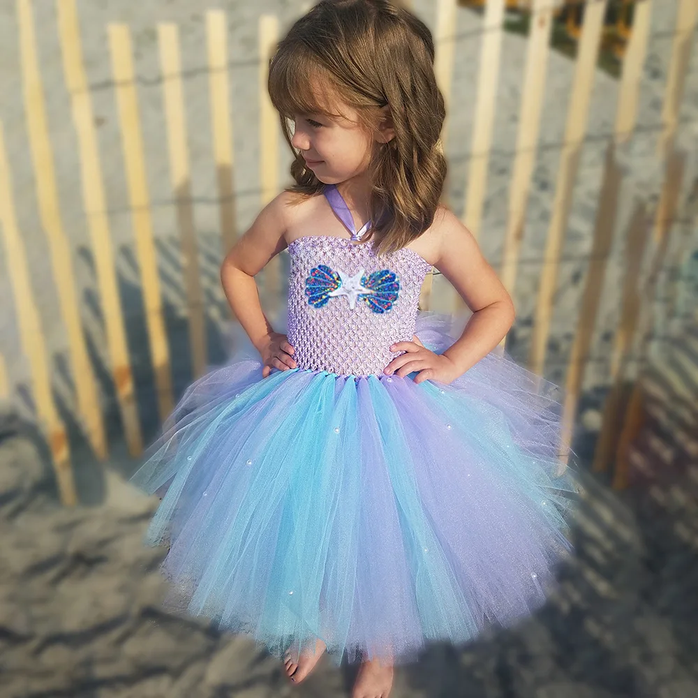 Girls Mermaid Princess Tutu Dress Kids Crochet Shellfish Blue Sea Tulle Dress Children Birthday Cosplay Party Costume Dresses