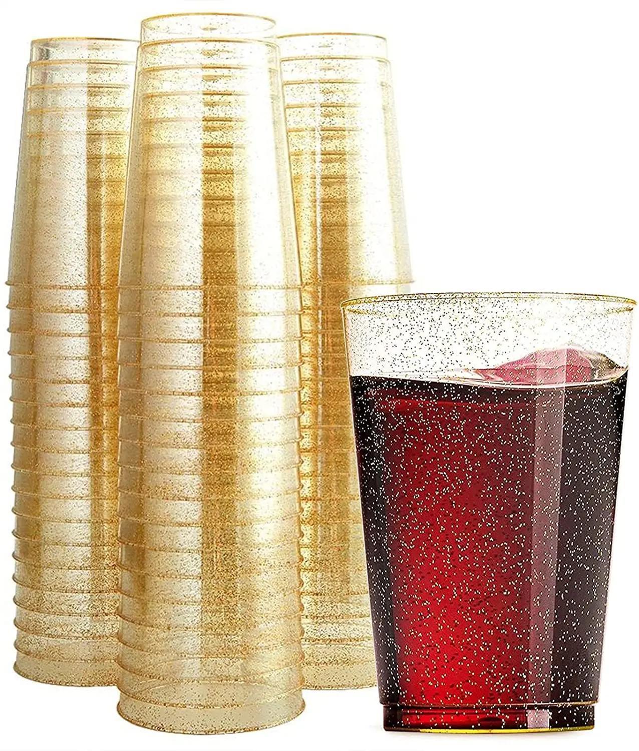 50/25pcs 12oz Gold Glitter Plastic Cups, Disposable Clear Plastic Cups Tumblers, Elegant Wedding Cups and Party Glasses