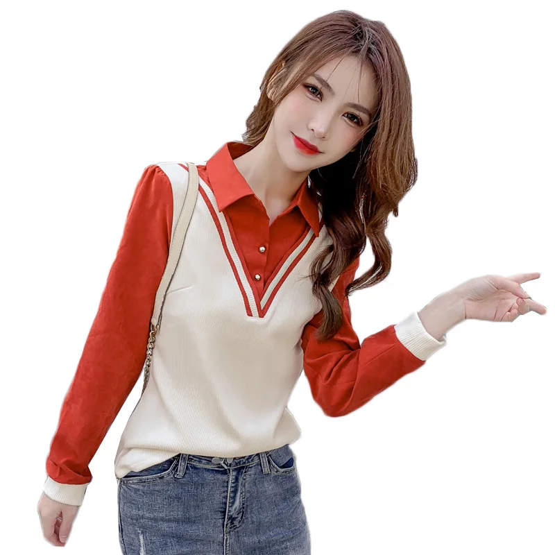 

Women Long Sleeve Blouse Female Spring Autumn New Stitching Pullovers Women Fake Two Pieces Bottoming Shirts Femme Tops Y116