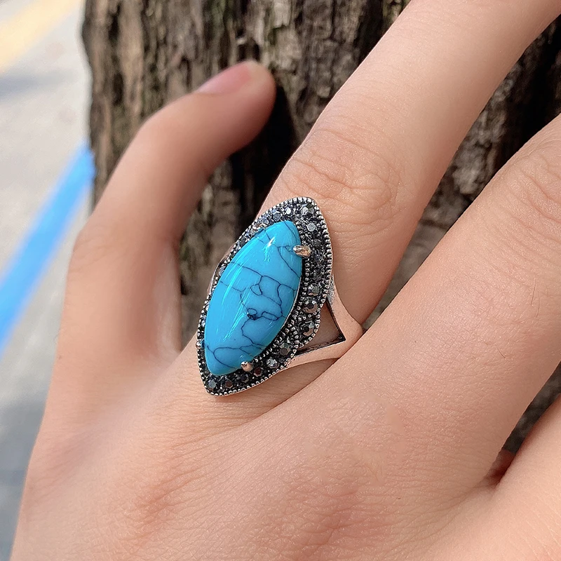 Kinel Natural Stone Vintage Rings For Women Simple Blue Big Stone Inlaid Rhinestones Boho Ethnic Jewelry Tibetan Silver Rings