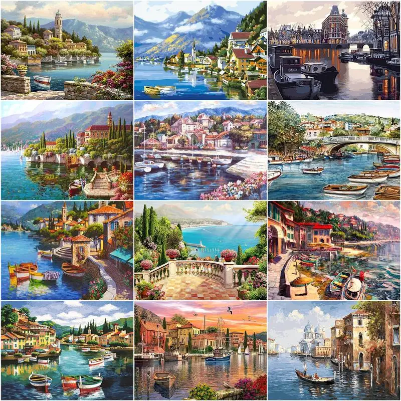 

GATYZTORY Paint By Numbers For Adults Children HandPainted Oil Painting Town Landscape Boat Picture Paint Home Decoration