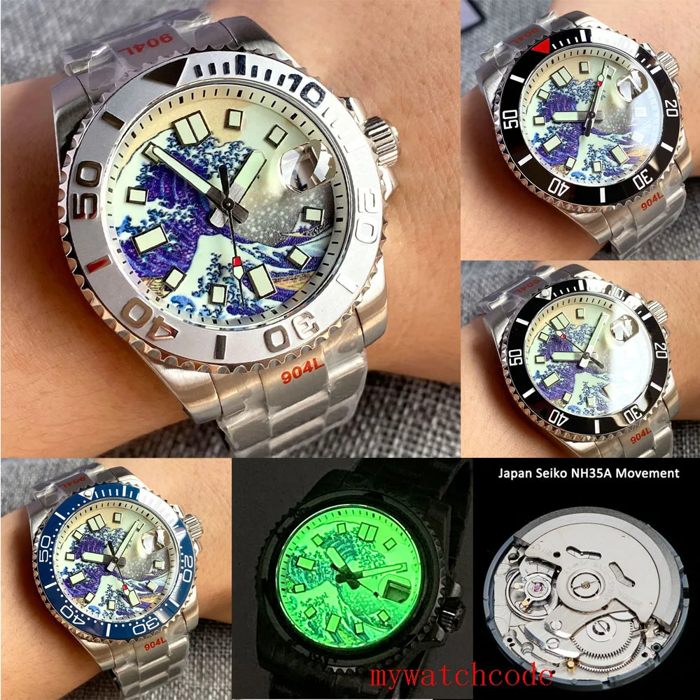 40mm 24 Jewels NH35A Luminous Kanagawa Dial Sapphire Crystal 200M Automatic Men\'s Wristwatch Bracelet 120 Clicks Bezel