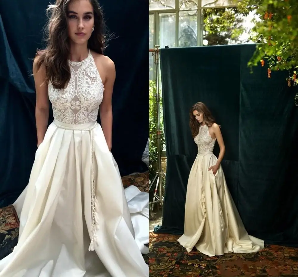 New Ivory Lace Boho Wedding Dresses with Pocket Elegant Jewel A Line Beach Satin Bridal Gowns Custom Made vestidos de noiva