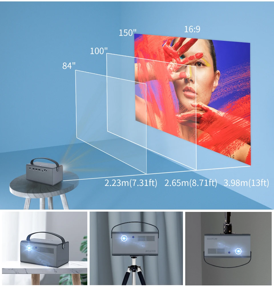 WZATCO T7 300-дюймовый DLP 3D-проектор Smart LED Proyector Bluetooth Портативный мини-Android 9.0 WIFI Beamer Встроенный аккумулятор 15600 мАч
