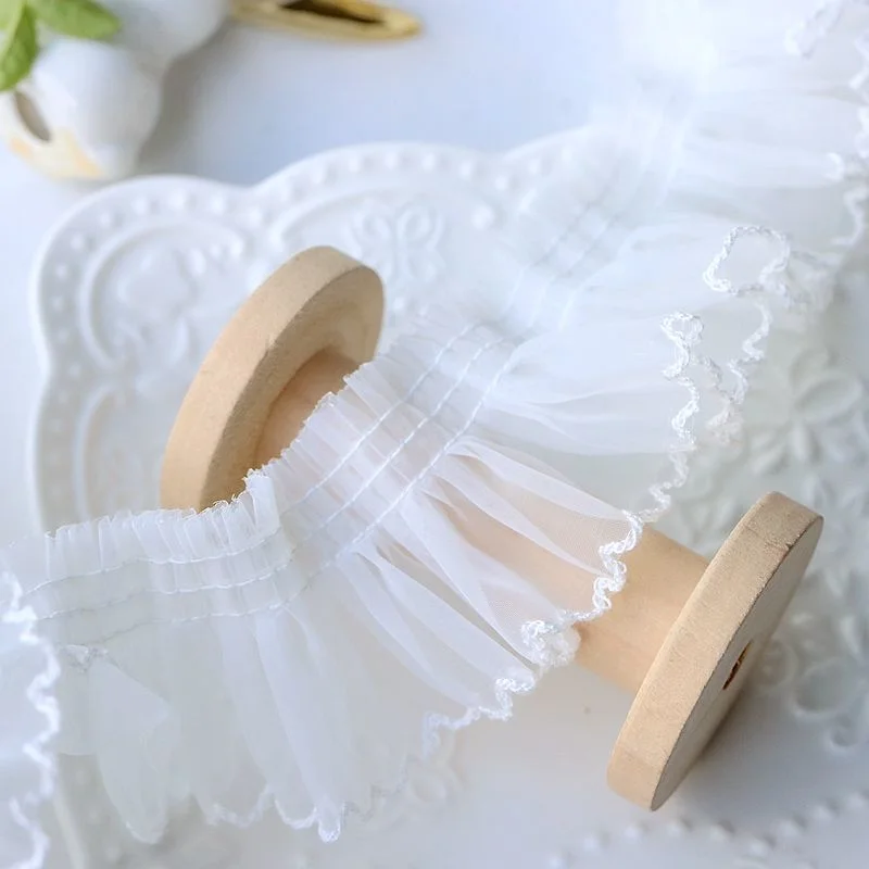 5CM szeroki biały tiul Organza 3d plisowana tkanina Frilled haftowany kołnierz ze wstążką mankiety wykończone frędzlami spódnice odzież szycie Decor