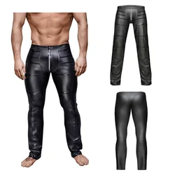 Mens Trousers PU Leather Zipper Open Crotch Pencil Pants Wetlook Broek Fitness Motorcycle Streetwear Gay Latex Lingerie Leggings