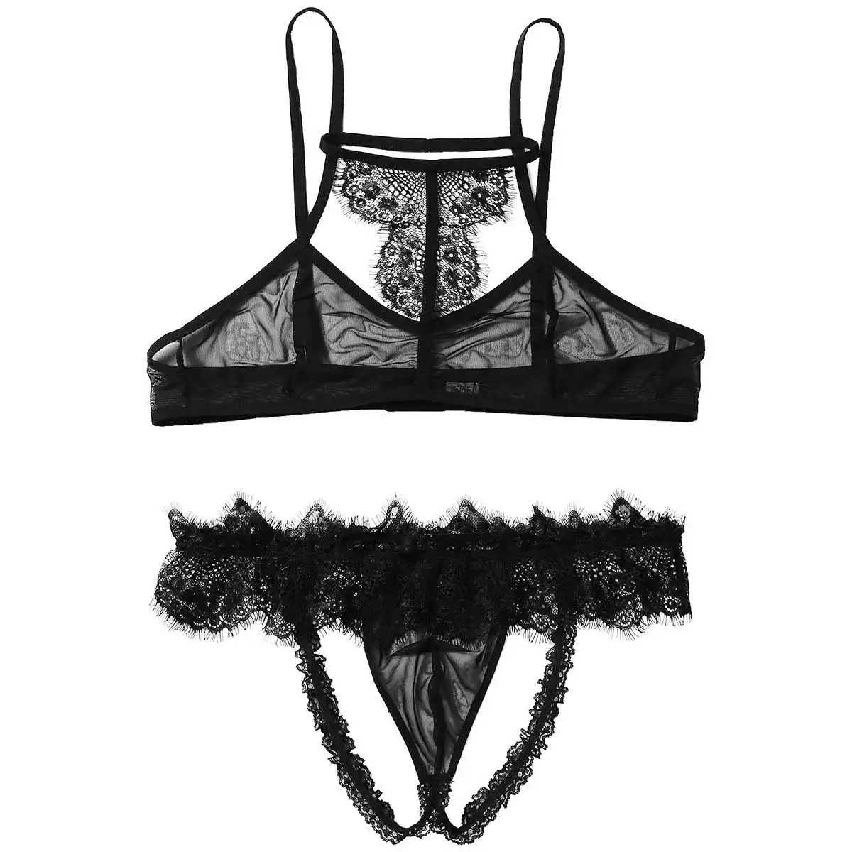 Hot Sexy Men Crossdressing Sissy Lingerie Set See Through Sheer Mesh Lace Gay Underwear Bra Top with G-strings Thongs Panties