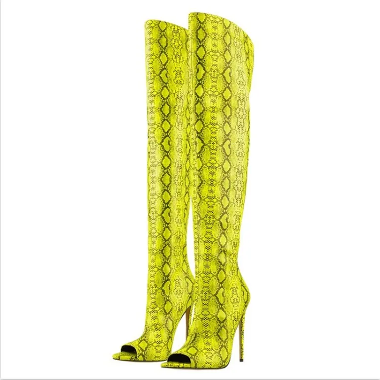 Sexy Women Nightclub Shoes Fluorescent Green Peep Toe Stiletto Heel Thigh High Boots Fashion Catwalk Stage Snake Print Boots