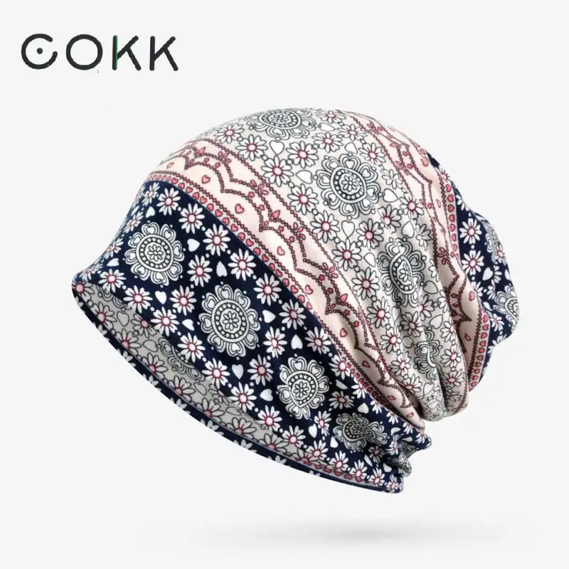 

COKK Cotton Flower Patterns Beanie Womens Hats Vintage Bonnets Headgear Turban Hat Female Thin Ladies Cotton Beanies Stretch Hat