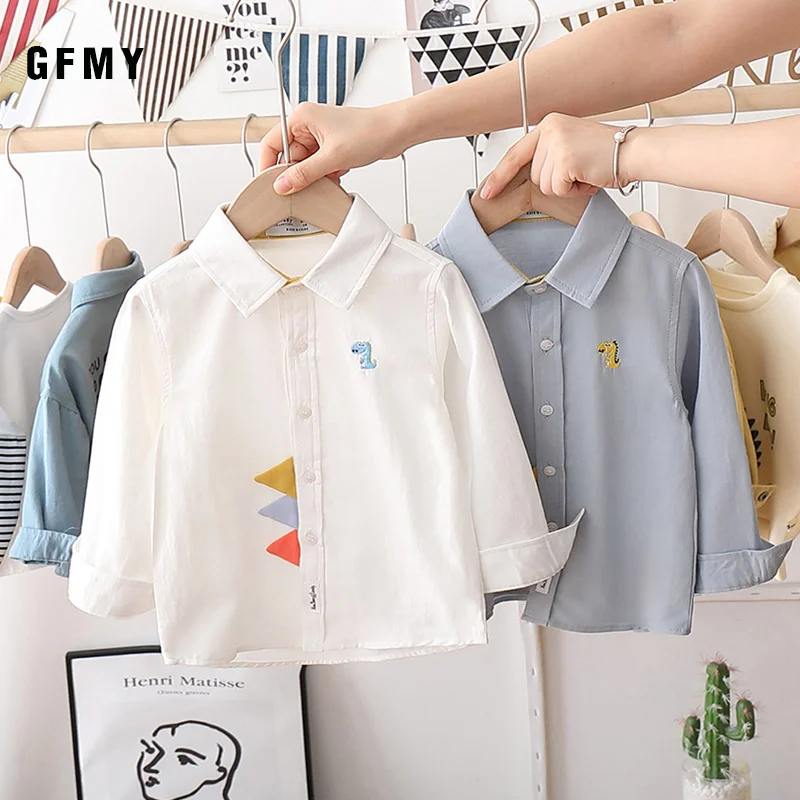 GFMY Boys Shirts 2021 Autumn New Cotton Long Sleeved Casual Shirt Baby Boys Cartoon Dinosaur Embroidery Shirt Childrens Clothing