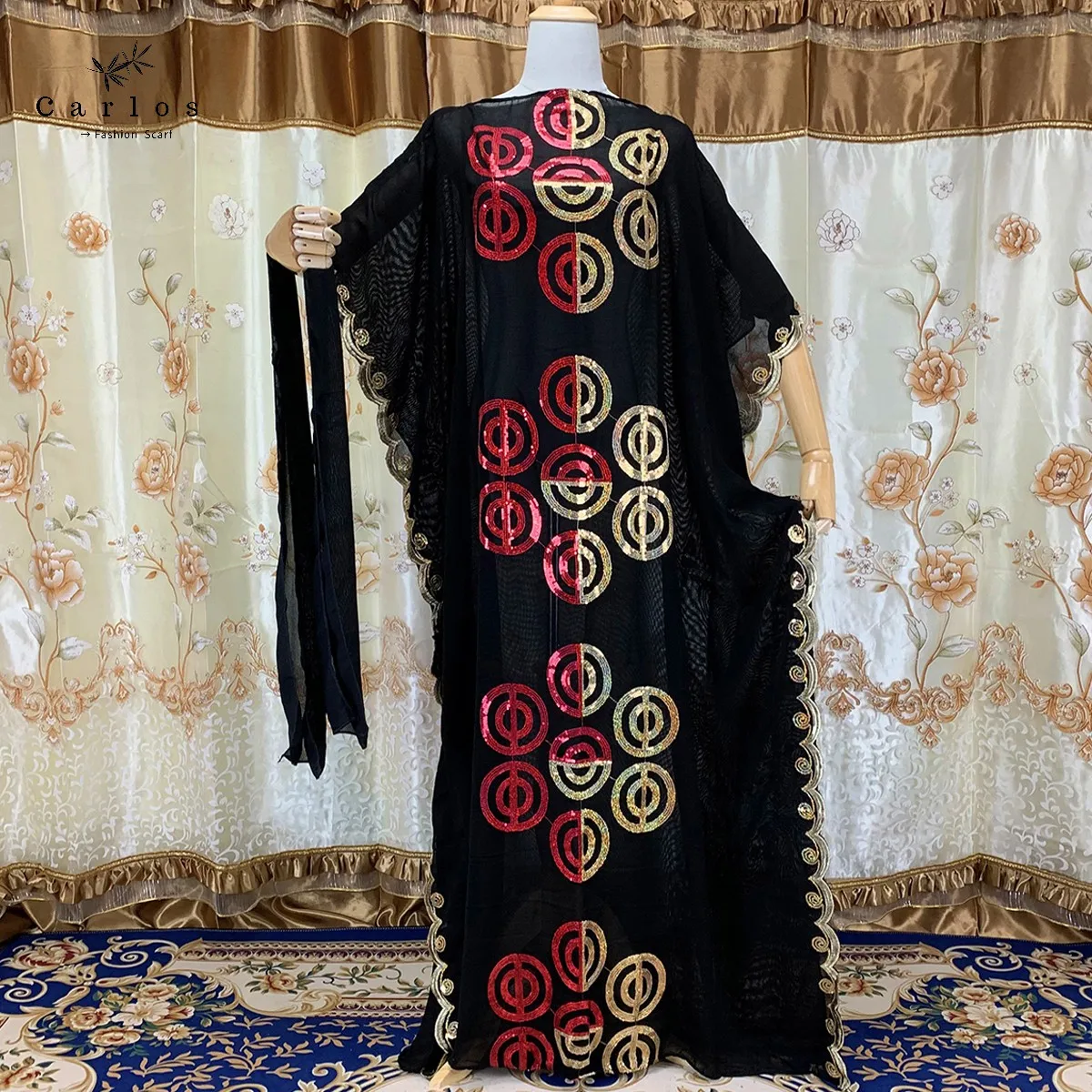 2022 New Women Muslim Sequin Embroidery Long Black Lady Clothes Fashion New Arrival African Embroidery Flower Dresse With Scarf