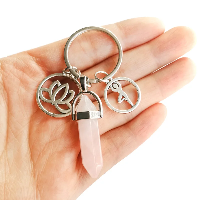 Cute Energy Yoga Fitness Natural Quartz Stone Keychain Women Lotus Fower Aum Yogi Trinket Pink Crystal Key Chain Jewelry Gift