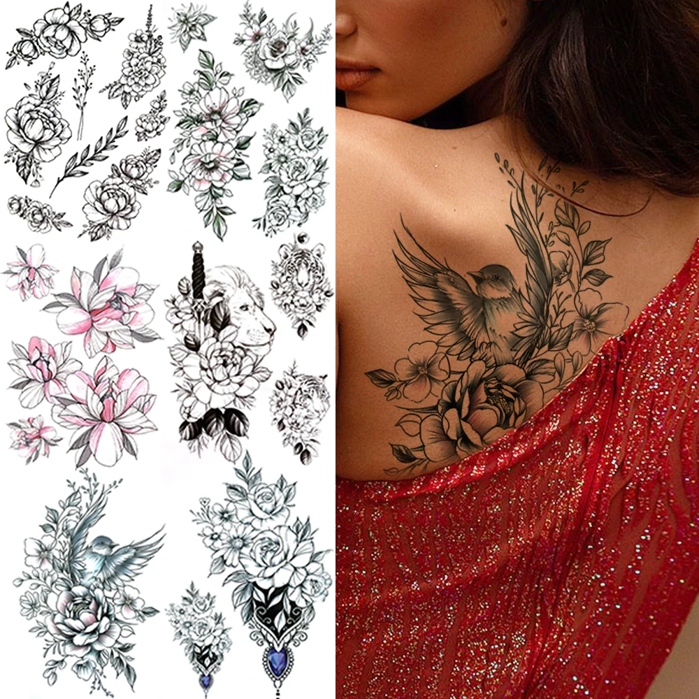 Realistic Bird Flower Fake Tattoo Sticker For Women Girls Rose Peony Flora Fake Tattoos Temporary Sexy Long Lasting Tatoos