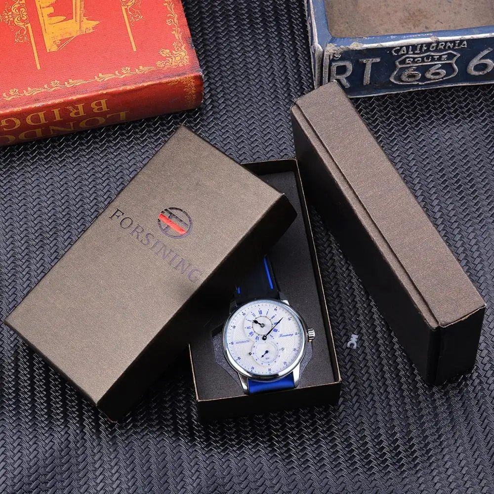 Forsining Fashion White Blue Automatic Wristwatch Transparent Waterproof Men Mechanical Watch Silicone Band Casual Sport Clock