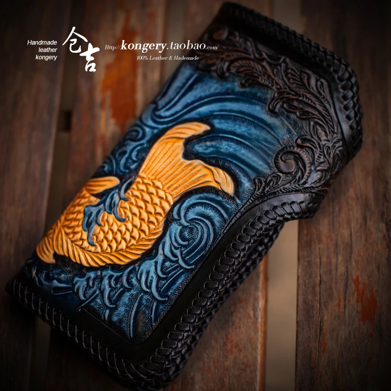 ★handmade wallet men's and women's long zipper bag leather carving wallet leather wealth cloth leather bag hand bag