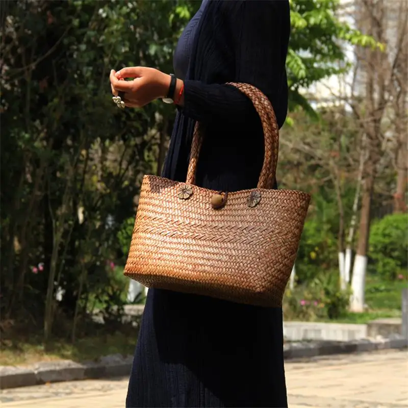 38x20CM  New Thai Solid Color Straw Shoulder Bag Travel Beach Bag Female Garden Handmade Rattan Weaving Women a6100