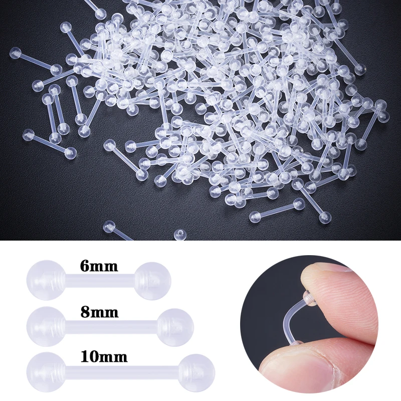 10pcs Clear Acrylic Bar Stud Earring Flexible Lip Ring Prevent Allergy Ear Cartilage Helix Piercing for Women Jewelry 6/8/10mm