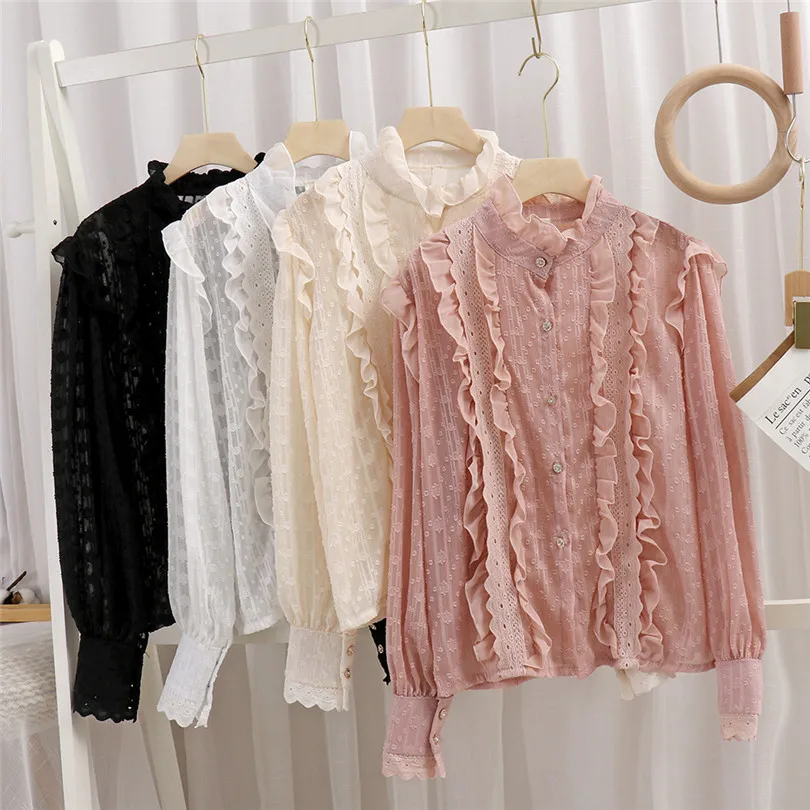 2021 New Spring Autumn Sweet Laciness Lace Shirt Women Hollow Out Chiffon Blouse Ladies Button Lantern Sleeve Blouses Tops A2103