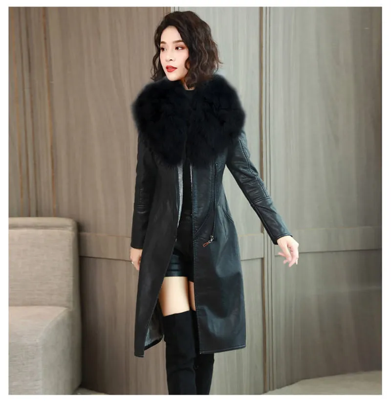 Big Fur Collar PU leather Jacket Autumn Winter Velvet Thicken Soft Faux PU leather Coat Women Korean Long Overcoat 4XL 2356