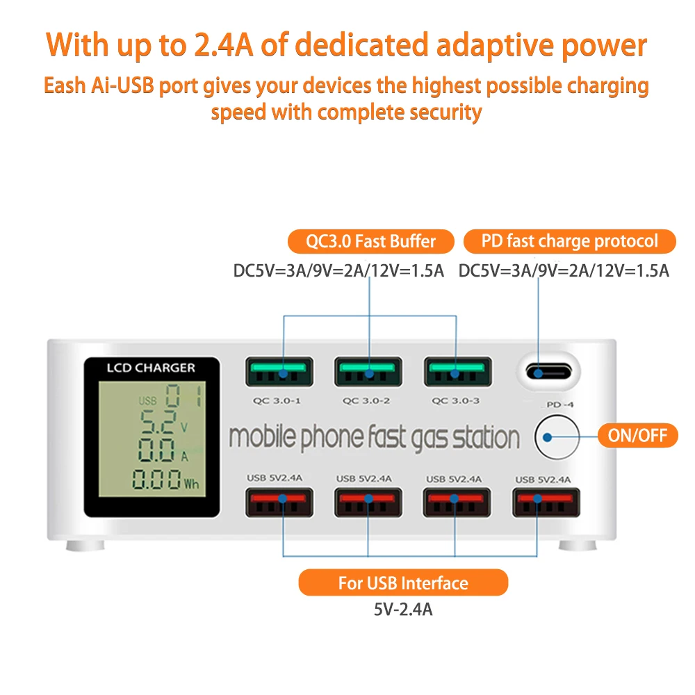 100W 8 Ports USB Charger Station Quick Charge 3.0 Portable Type C PD Fast Charger Adapter HUB For iPhone 13 12 11 Samsung Xiaomi