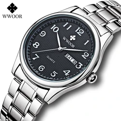 WWOOR Original Design Arabic Mens Watches Top Brand Luxury Stainless Steel Waterproof Automatic Week and Date Quartz Wrist Watch