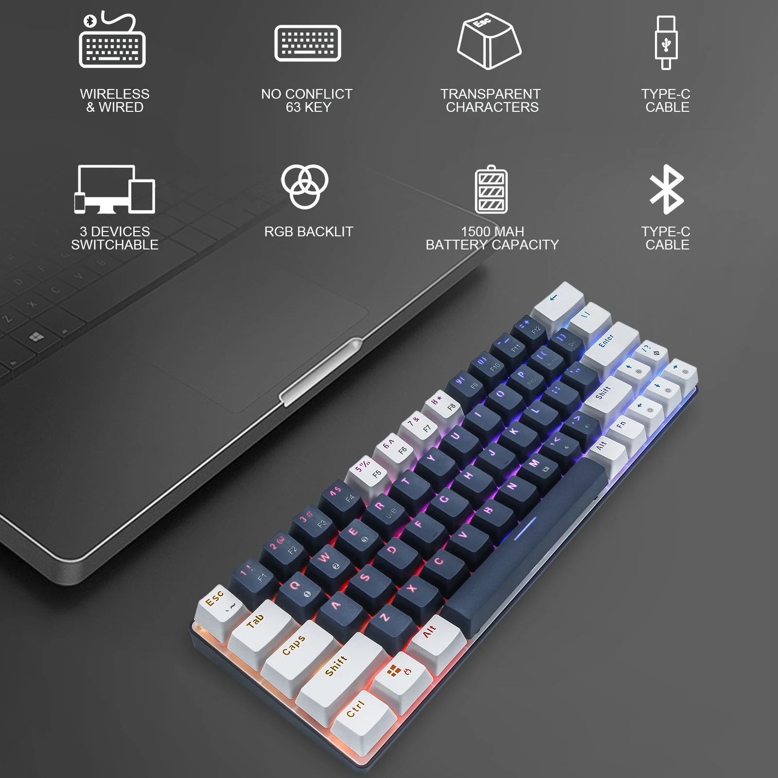 Imagem -06 - Hou Ji-cq63 Teclado Mecânico Bluetooth com Fio e sem Fio Rgb Led Retroiluminado Teclado para Jogos para Windows Ios Android Laptop pc 63 Chaves