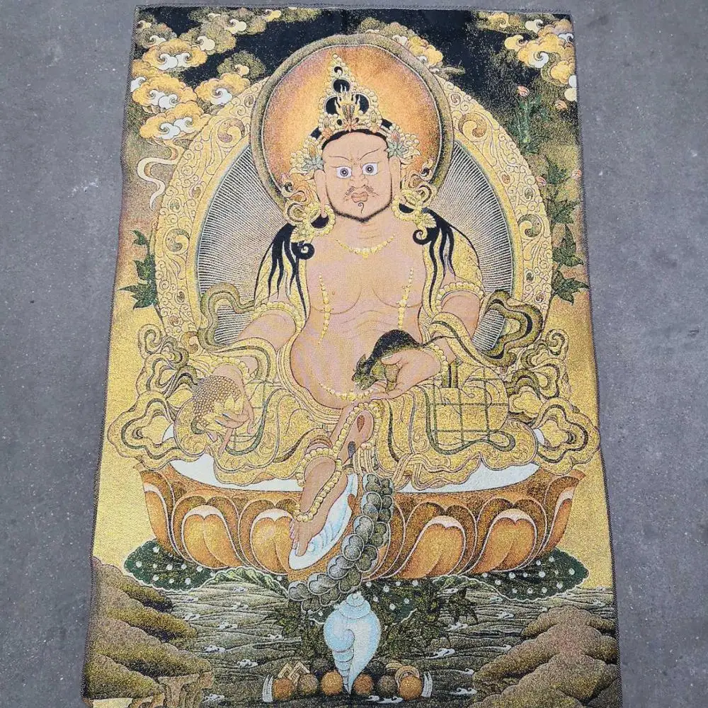 

35"Thangka Embroidery Tibetan Buddhism silk Embroidery Brocade Nepal Yellow Jambhala Buddha Thangka Worship Hall Town house