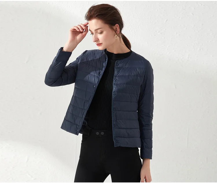 Women's Ultralight Down Liner Jacket, Collarless Packable Puffer Coat, Warm Thin Winter Layer, O-Neck Portable Padded Parka