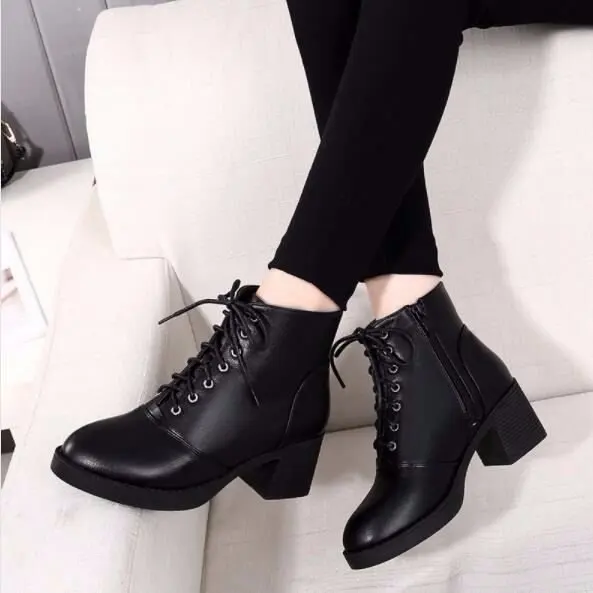 New Women Boots Ankle PU Leather Lace Up Booties High Heels Autumn Shoes Black Winter Boots Add Velvet Keep Warm Pointed Toe