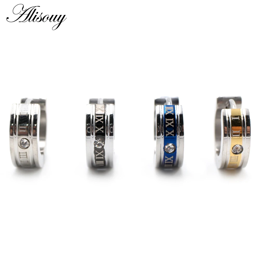 Alisouy 2pcs Inlay Crystal CZ Roman Numerals Huggies Ear Earring Stainless Steel Women Men Circle Hoop Earrings Piercing Jewelry