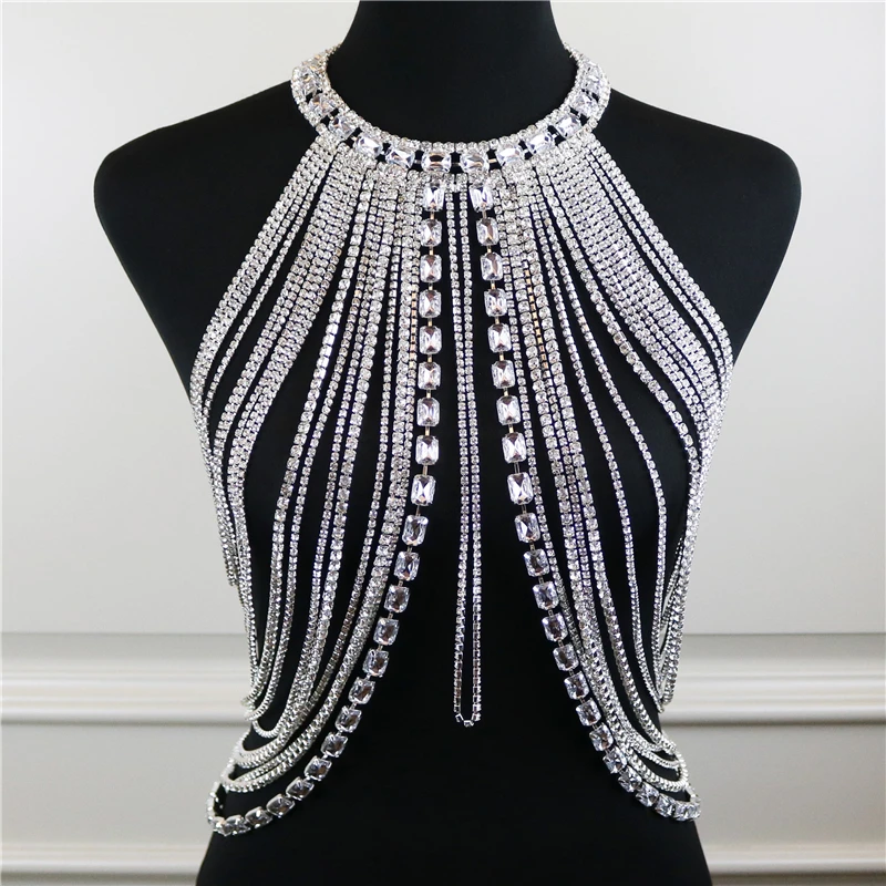 Luxury Shiny Choker Necklace Rhinestone Body Chains Beach Cross Sexy Long Tassel Bra Chain Crystal Bikini Harness Top for Women