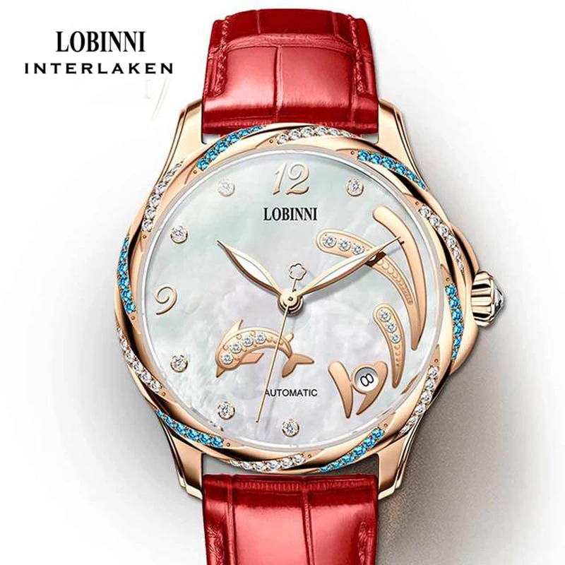 LOBINNI-reloj mecánico automático de lujo para mujer, pulsera con esfera de diamante y caja de oro rosa, relojes con fecha, 2021