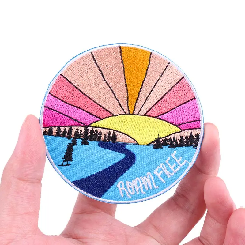 Camping Life Embroidery Patch Outdoor Compass Trave Adventure Badge Natural Mountain Iron On Fusible Patches On Clothes Stripes